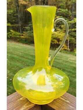 Empoli Italian Art Glass Pitcher Yellow Optic Hand Blown Vintage 60s MCM GLOWS
